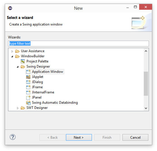 Select Application Window from the Swing Designer folder